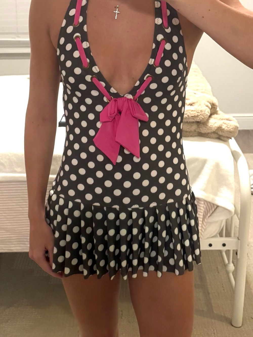 Betsey Johnson Vintage Y2K Polkadot Halter Swimdress with Pink Bow - Picture 3 of 4